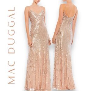 MAC DUGGAL Women’s Sequined Spaghetti Straps Gown in the Size 12 in Gold Color